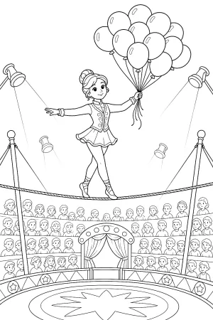 Seiltänzerin balanciert über der Manege und hält mehrere Luftballons.