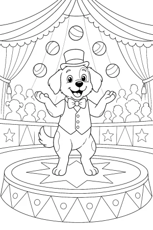 Hund jongliert vier Bälle über der Manege und trägt ein Hütchen.