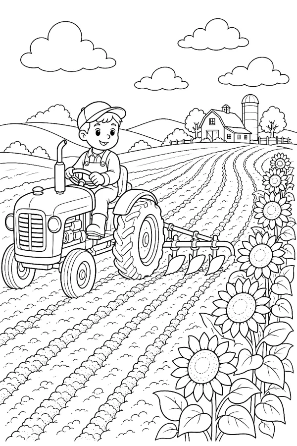 Traktor zieht Pflug, gleichmäßige Furche, Sonnenblumen am Rand.