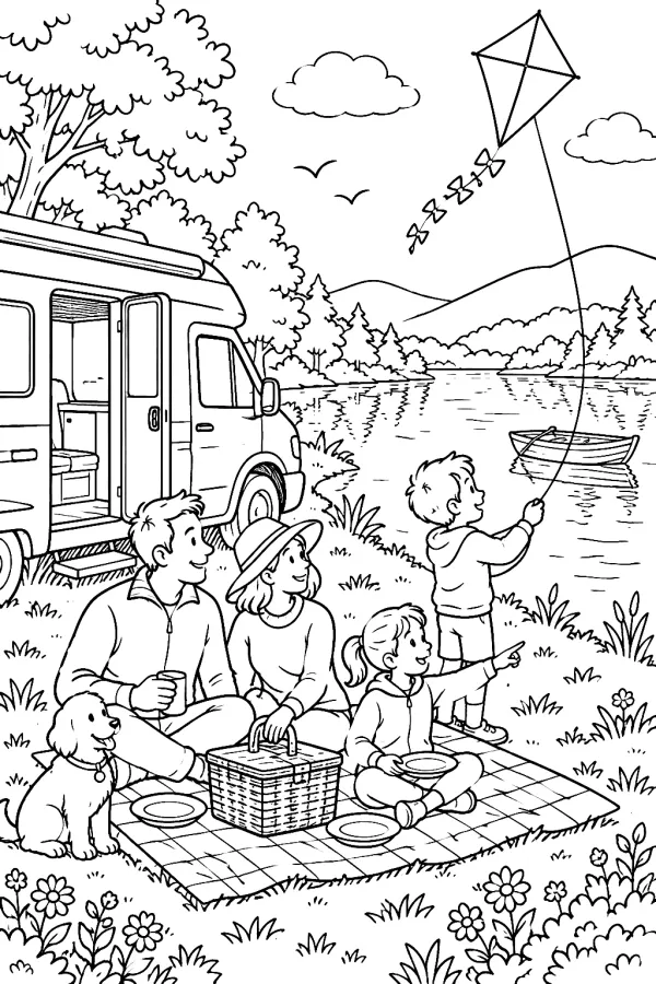 Ein Wohnmobil steht am Seeufer, Familie sitzt auf Picknickdecke, Kinder lassen einen Drachen steigen.