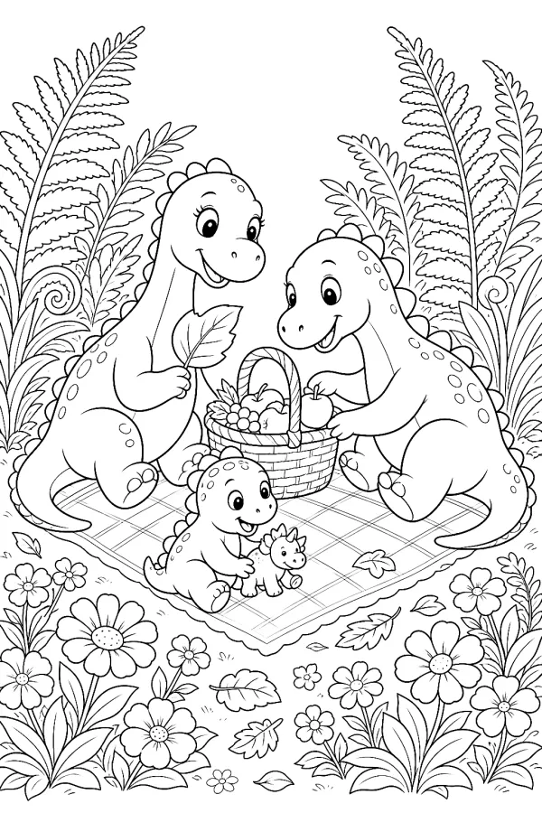 Zwei Erwachsene und ein Dino-Baby essen zusammen auf einer Picknickdecke.