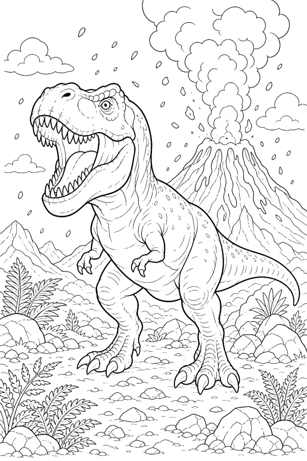 T-Rex zeigt die Zähne, daneben raucht ein Vulkan.