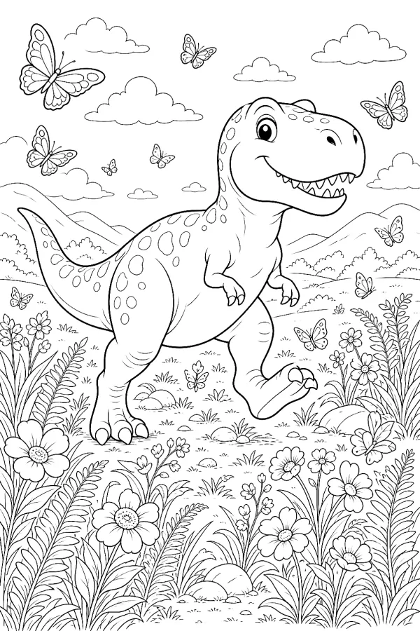 T-Rex geht durch eine blühende Wiese mit Schmetterlingen.