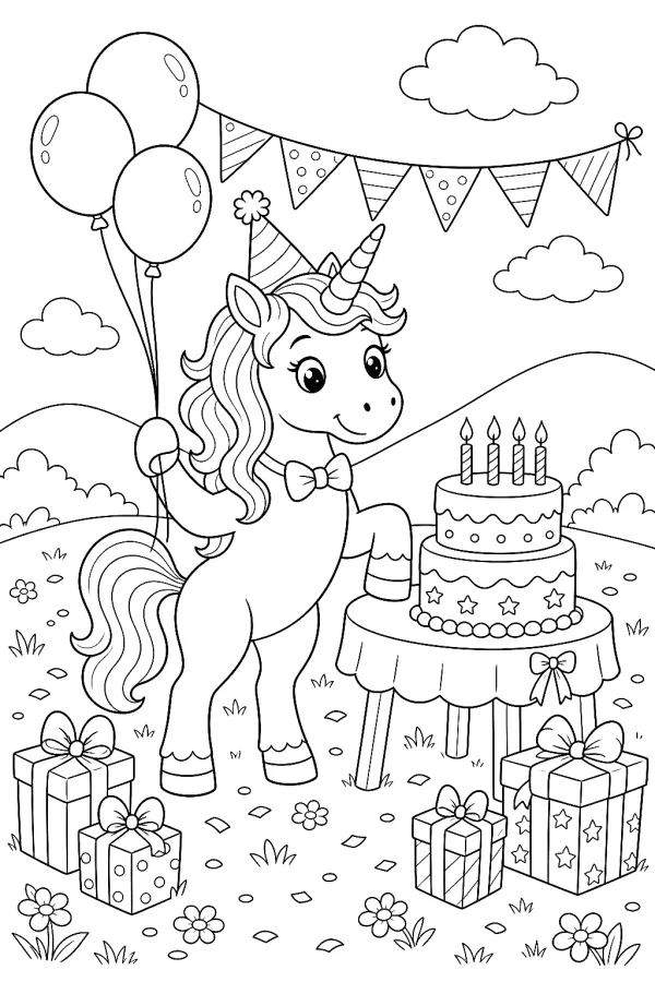 Einhorn mit Geburtstagskuchen, drei schwebenden Luftballons und Girlande.