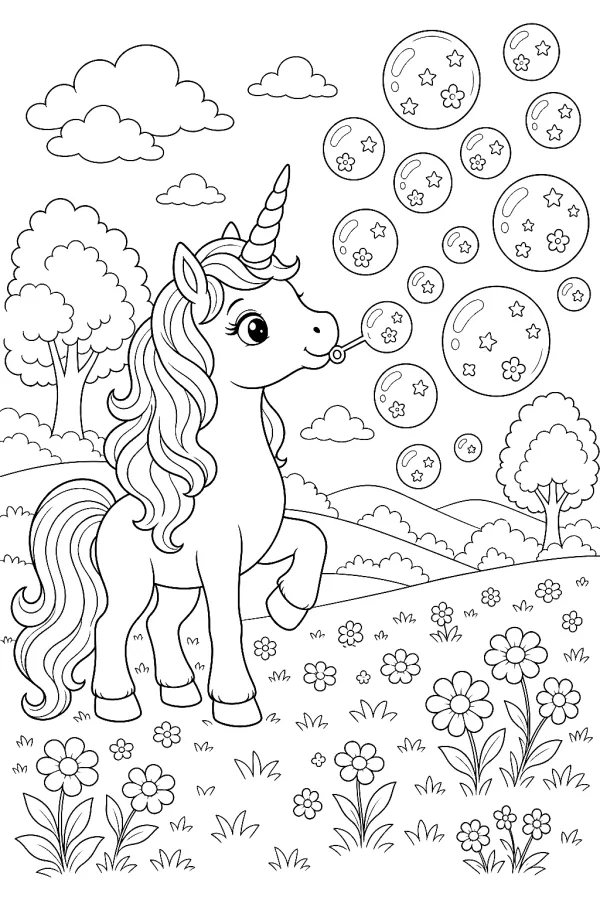 Einhorn pustet mittlere Seifenblasen, in denen kleine Sterne und Blumen schweben.