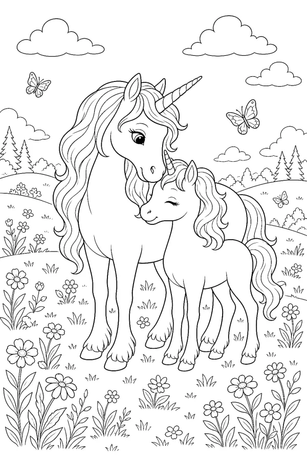 Einhornmama drückt ihr Fohlen in einer Blumenwiese zärtlich an sich.