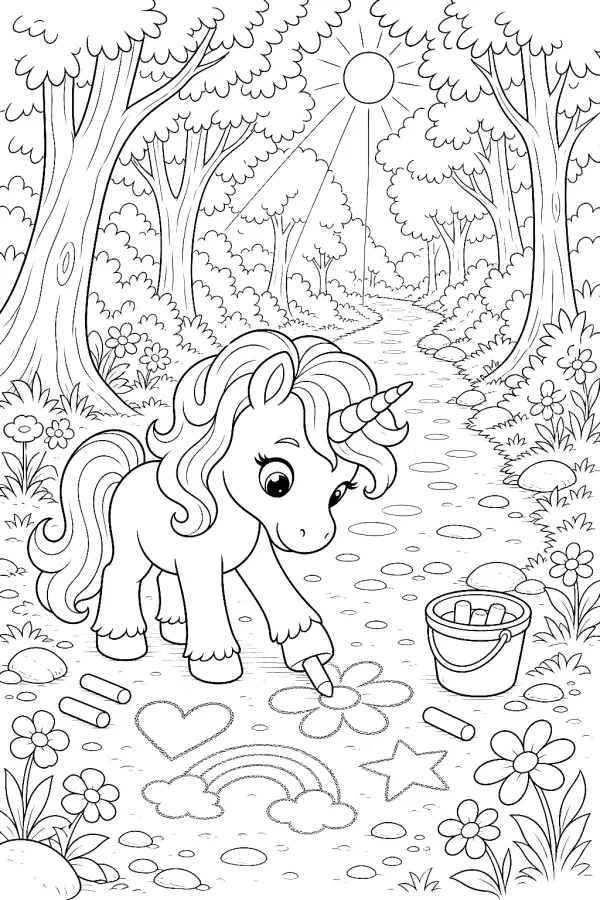Kleines Einhorn malt mit Hufen fröhliche Kreidebilder auf dem Waldweg.