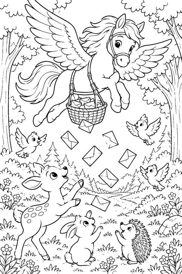 Pegasus liefert Briefe aus einem hängenden Postkorb an glückliche Waldbewohner.