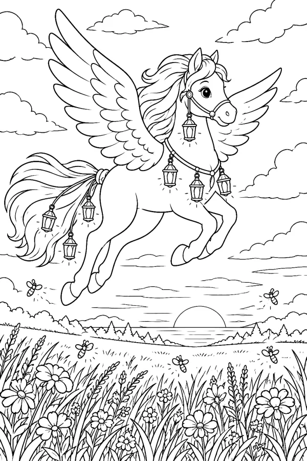 Pegasus trägt mehrere Laternen und fliegt bei Dämmerung über blühende Wiese.