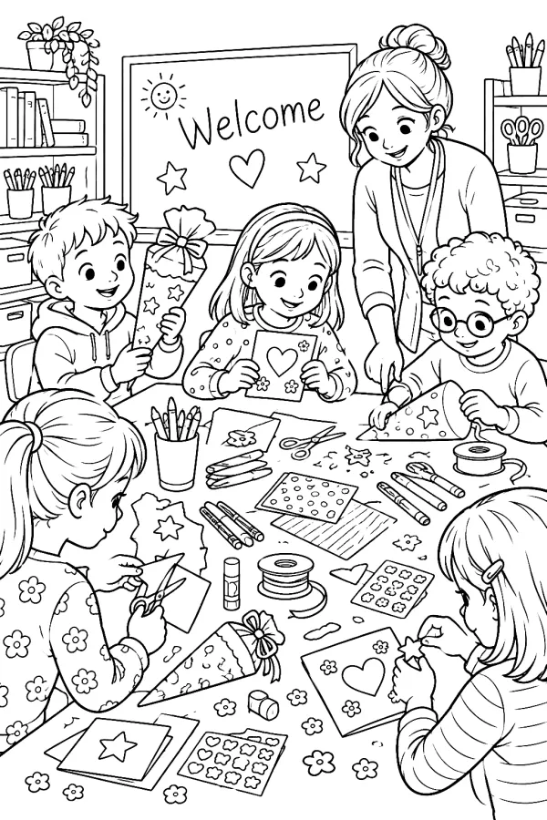 Kinder schneiden, kleben und malen Schultüten mit kleinen Details.