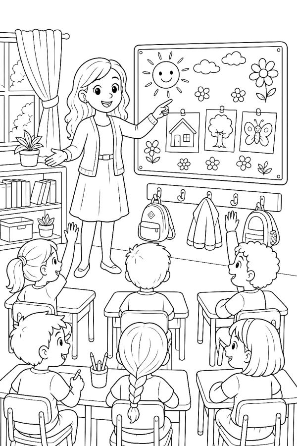 Lehrerin zeigt eine Tafel mit Buchstaben, Bildern und Kindern im Klassenzimmer.