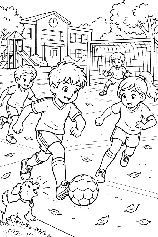 Mehrere Kinder spielen Fußball vor der Schule, ein kleiner Hund feuert die Spieler an.