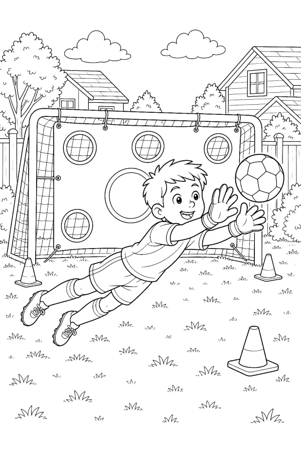 Kind springt seitlich und hält einen Schuss an der Ballwand.