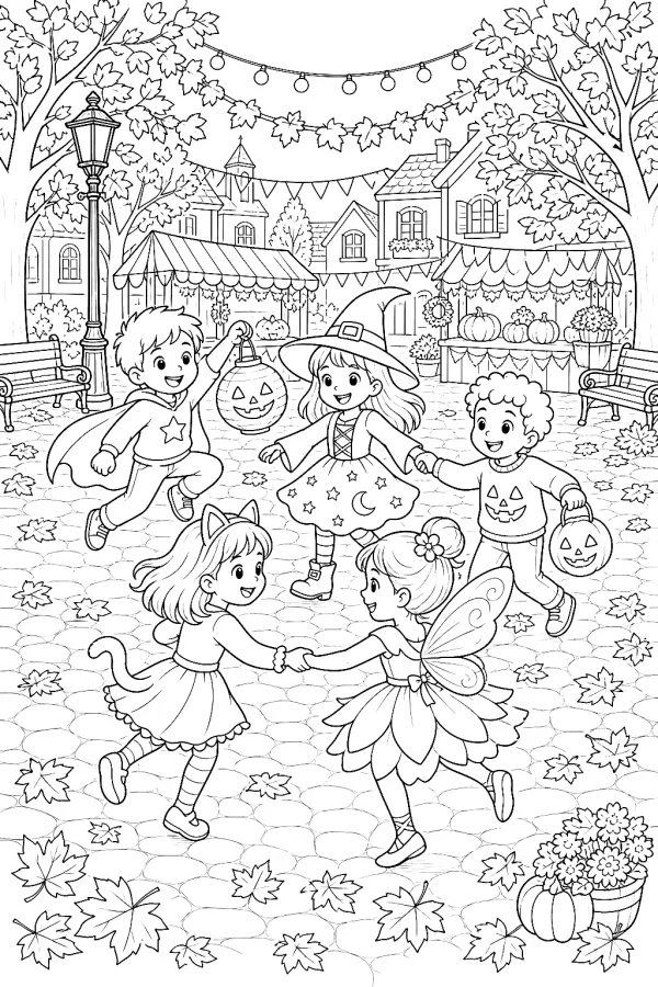 Gruppe Kinder in Kostümen hält Händchen und tanzt auf dem geschmückten Platz.
