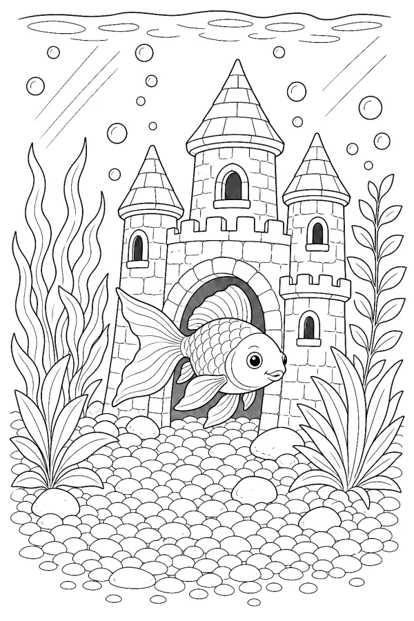 Goldfisch schwimmt durch ein Schloss zwischen Pflanzen und Kies.