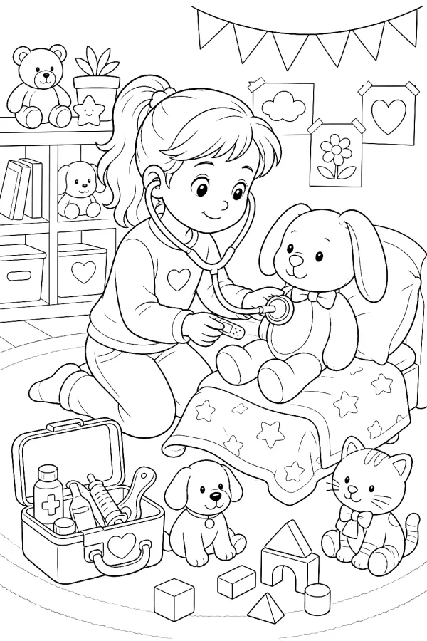 Kind spielt Tierarzt und klebt Pflaster ans Kuscheltier.