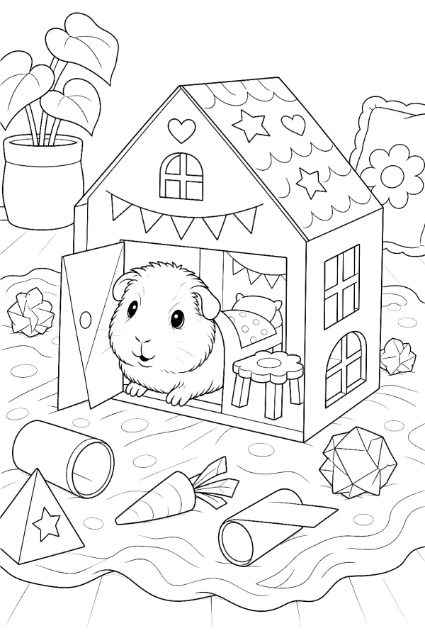 Meerschweinchen lugt neugierig aus einem selbstgebastelten Papierhaus mit Fenster.