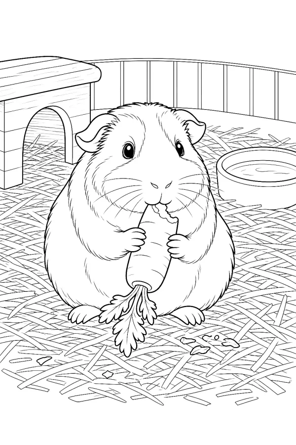 Meerschweinchen sitzt im Heu und knabbert genüsslich an einer Karotte.