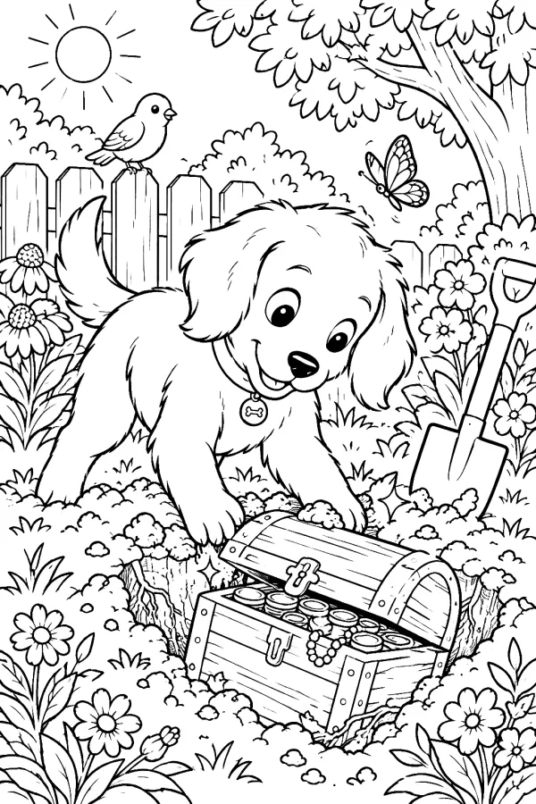 Ein Hund gräbt im Blumenbeet und hebt eine alte Schatzkiste aus.