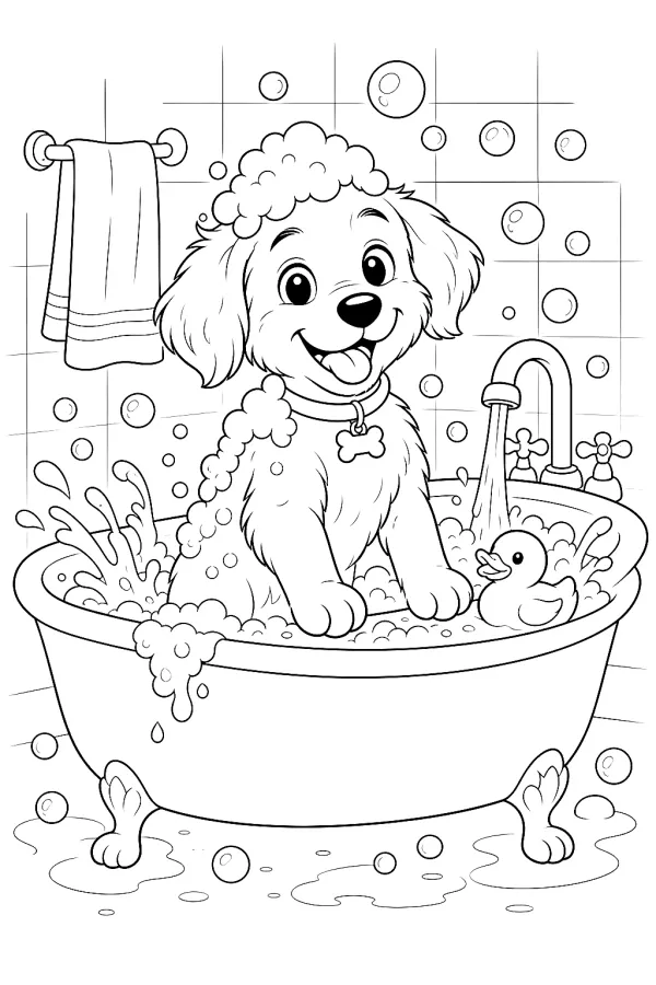 Hund sitzt in der Wanne mit Schaumkappe auf dem Kopf.