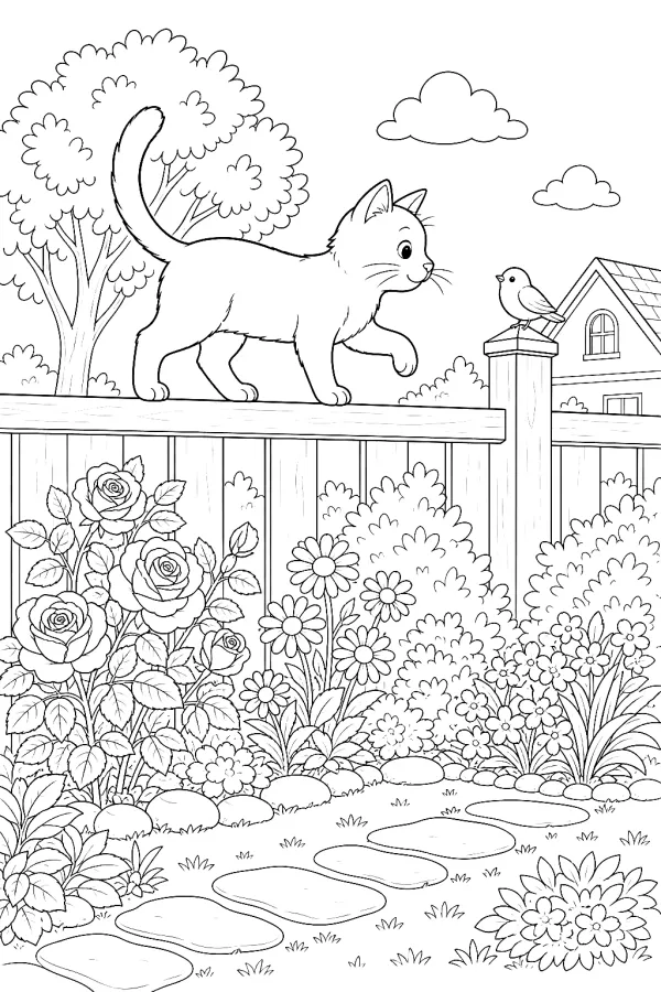 Eine Katze geht vorsichtig auf einem Zaun mit Blumen entlang.