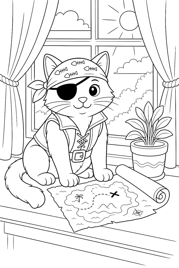 Piratenkatze mit Augenklappe und kleiner Schatzkarte auf der Fensterbank.