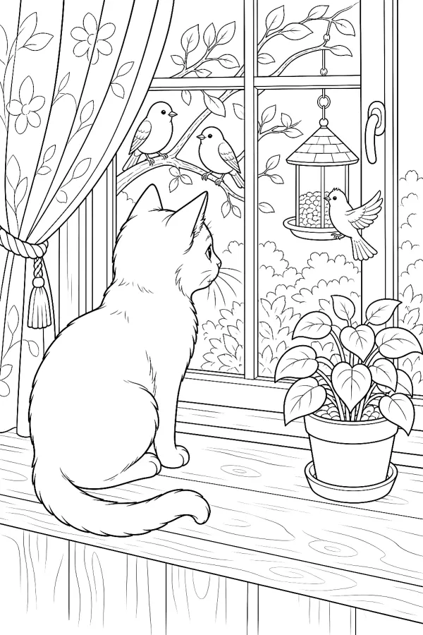 Katze sitzt seitlich auf der Fensterbank und schaut auf Vögel draußen.