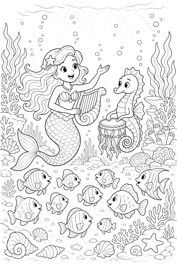 Meerjungfrau spielt Muschelharfe, Seepferdchen trommelt, viele Fische lauschen.