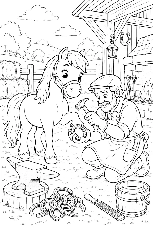 Der Schmied passt ein neues Hufeisen an das Pony.