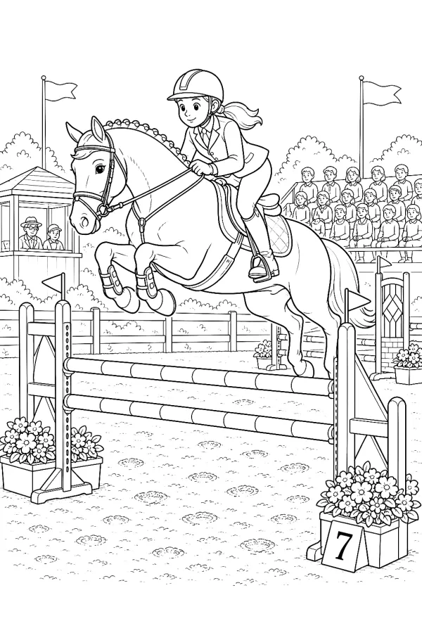 Pferd mit Reiter überspringt ein Hindernis in der Arena.