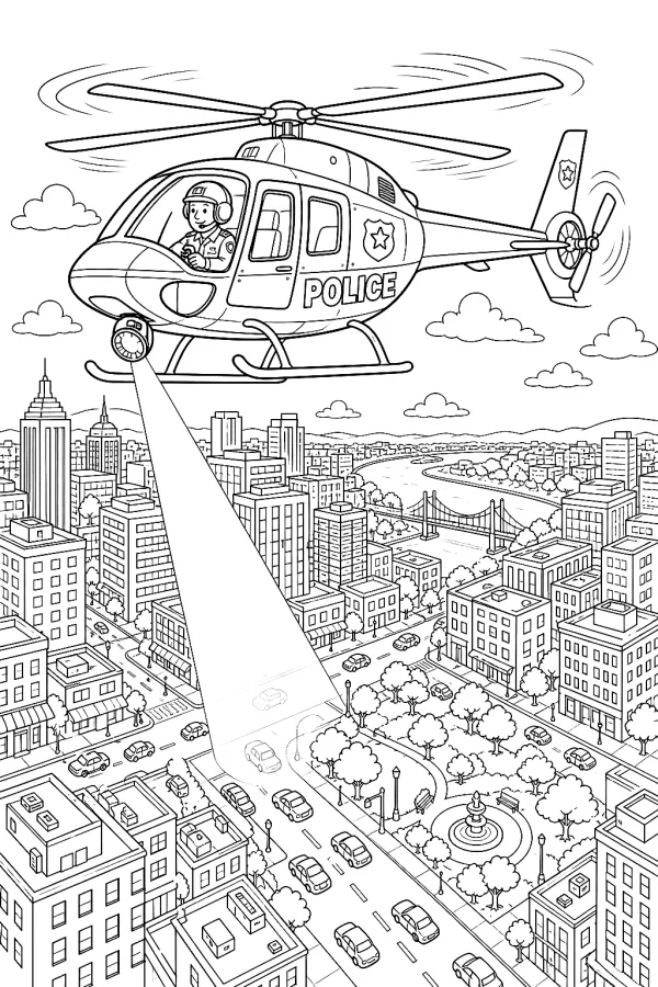 Polizeihubschrauber fliegt über lebendige Innenstadt mit Autos und Häusern.