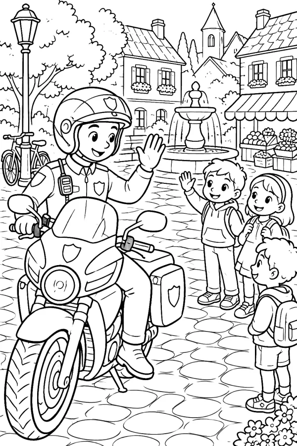 Polizist auf Motorrad winkt fröhlich zu Kindern am Brunnen.