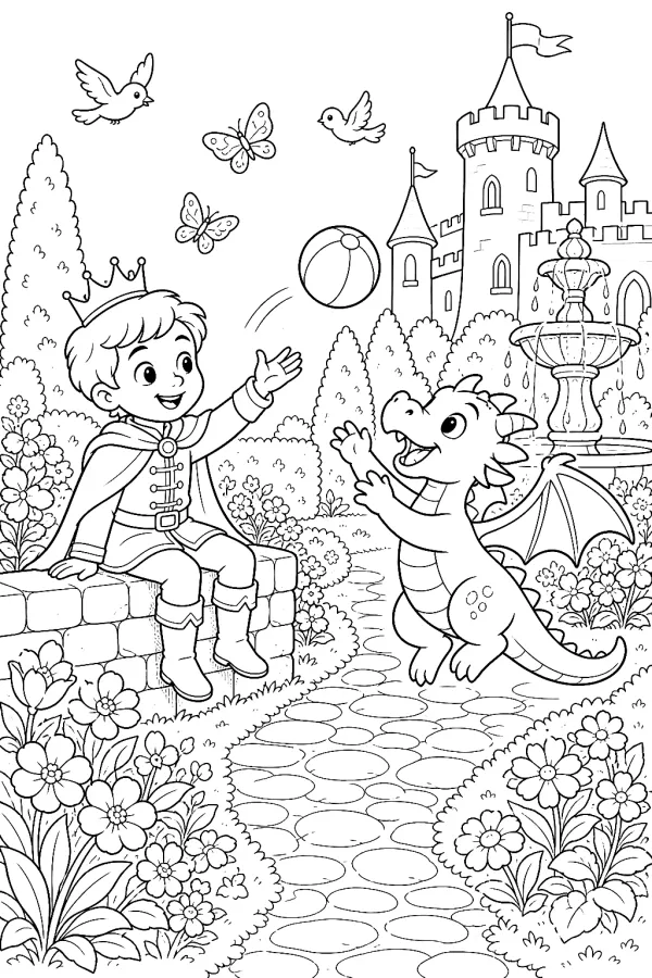 Prinz und Drache spielen nahe Brunnen und bunten Blumenbeeten.