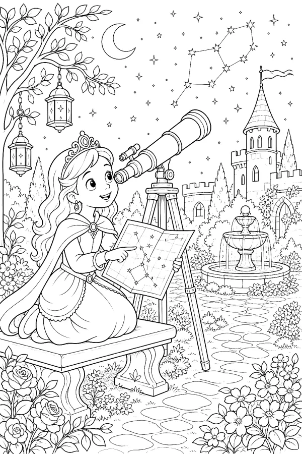 Prinzessin blickt durchs Teleskop und hält eine Sternenkarte im blühenden Schlossgarten.