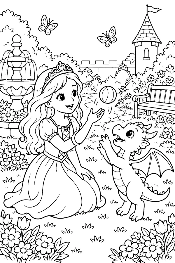 Prinzessin wirft Ball, Drache fängt spielerisch im blühenden Schlossgarten.