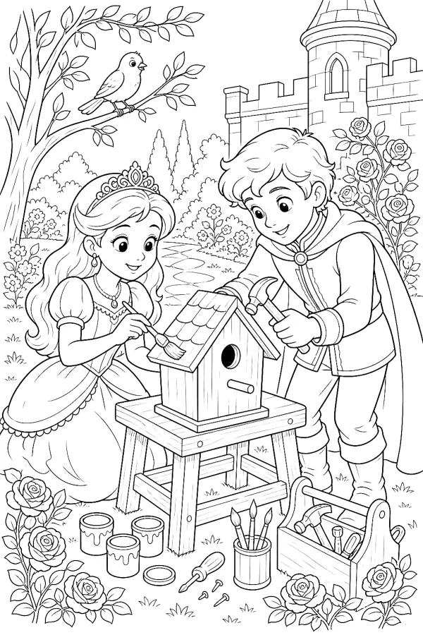 Prinzessin und Prinz bemalen ein Vogelhaus neben Rosenbeeten und Werkzeug.