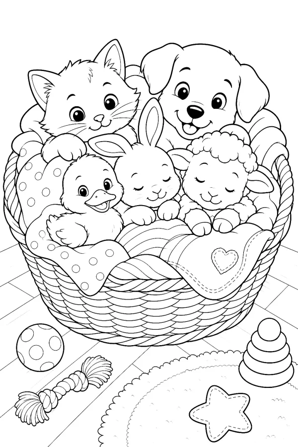 Mehrere Tierbabys unterschiedlicher Arten kuscheln eng in einem Korb.