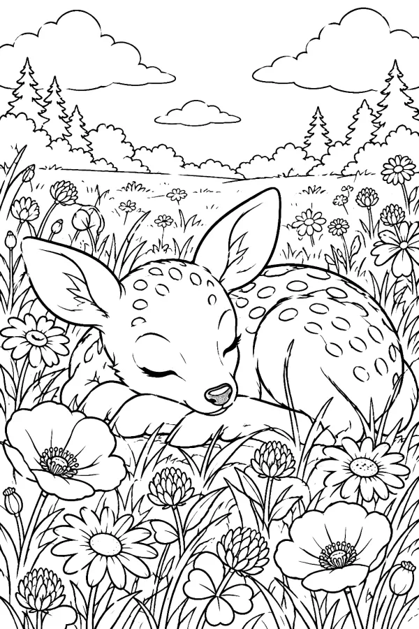 Rehkitz ruht im Gras zwischen vielen Wildblumen.