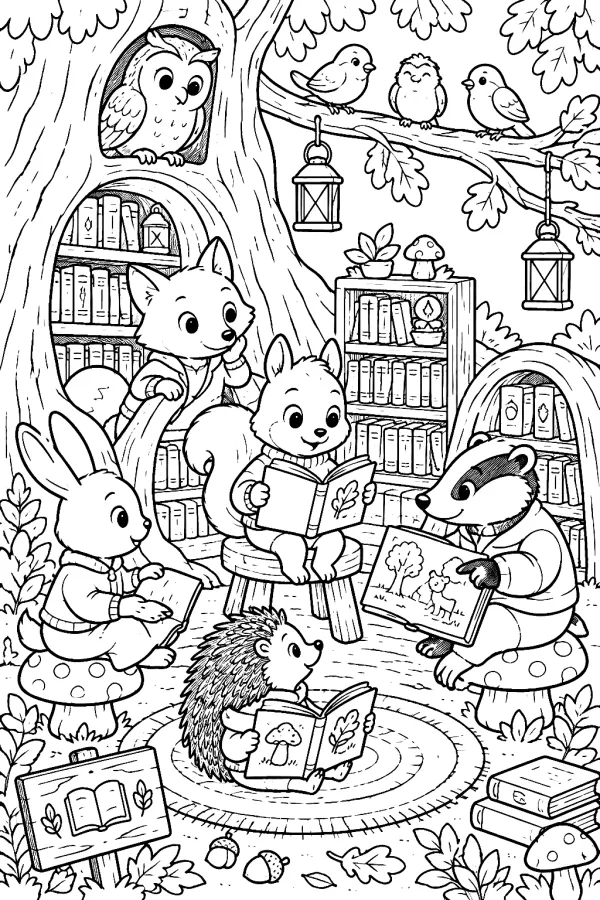 Mehrere Waldtiere lesen gemütlich in einer kleinen Bibliothek unter einer alten Eiche.