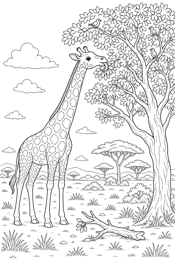 Giraffe greift mit Zunge nach Blättern an hoher Krone.
