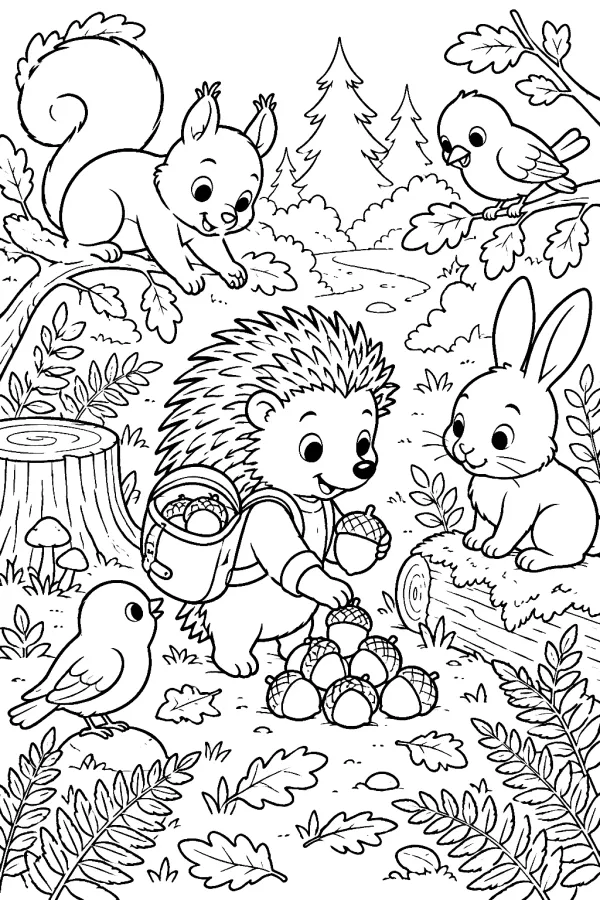 Igel mit Rucksack sammelt Eicheln und teilt sie mit mehreren Waldtieren.