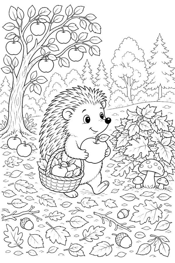 Igel trägt einen Korb voller Äpfel und Herbstblätter.