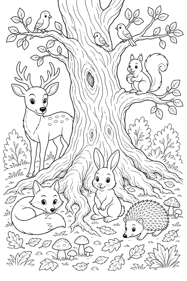 Verschiedene Waldtiere sitzen und stehen um einen alten Baum mit mittleren Details.