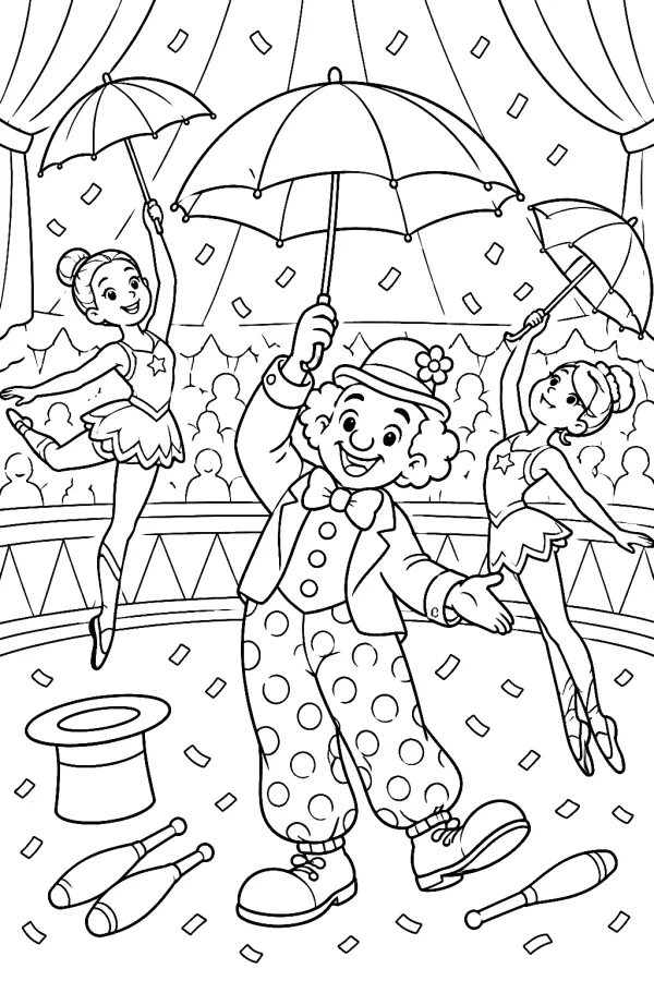 Clown und Akrobaten tanzen mit Regenschirmen, Konfetti wirbelt um sie herum.