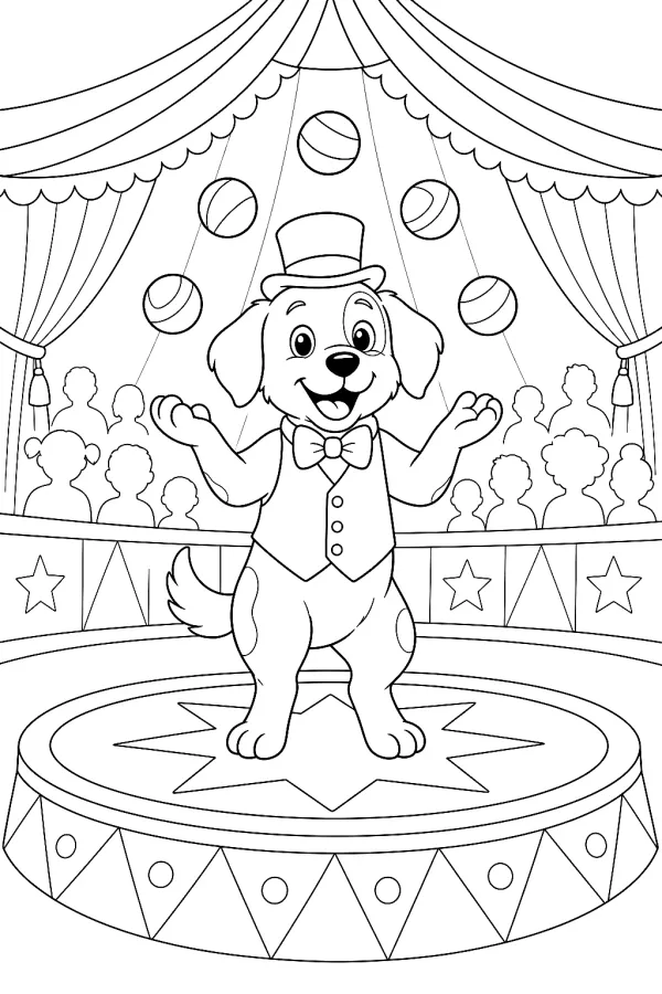 Hund jongliert vier Bälle über der Manege und trägt ein Hütchen.