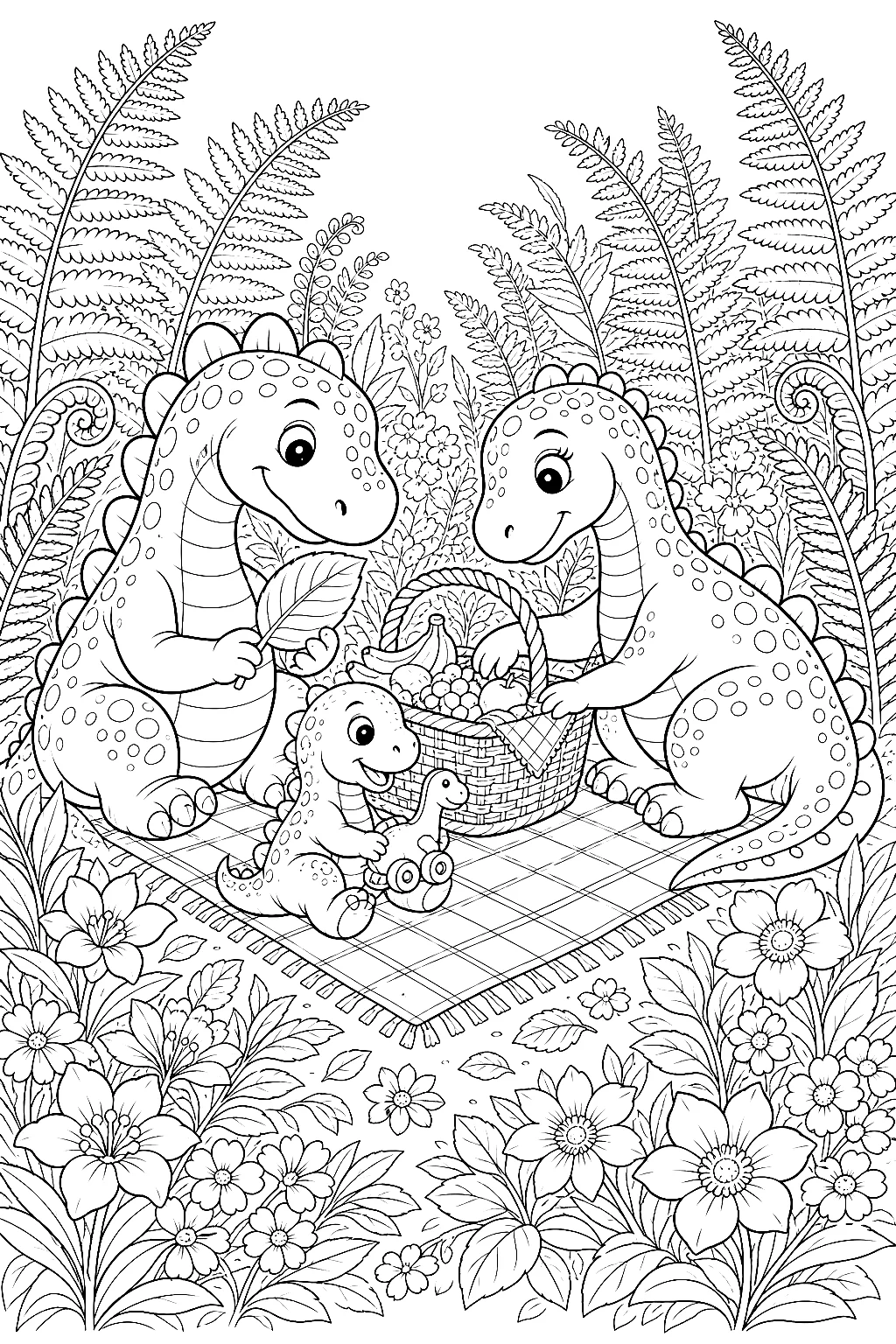 Dino-Familie mit vielen Details zwischen Farnen und Blumen