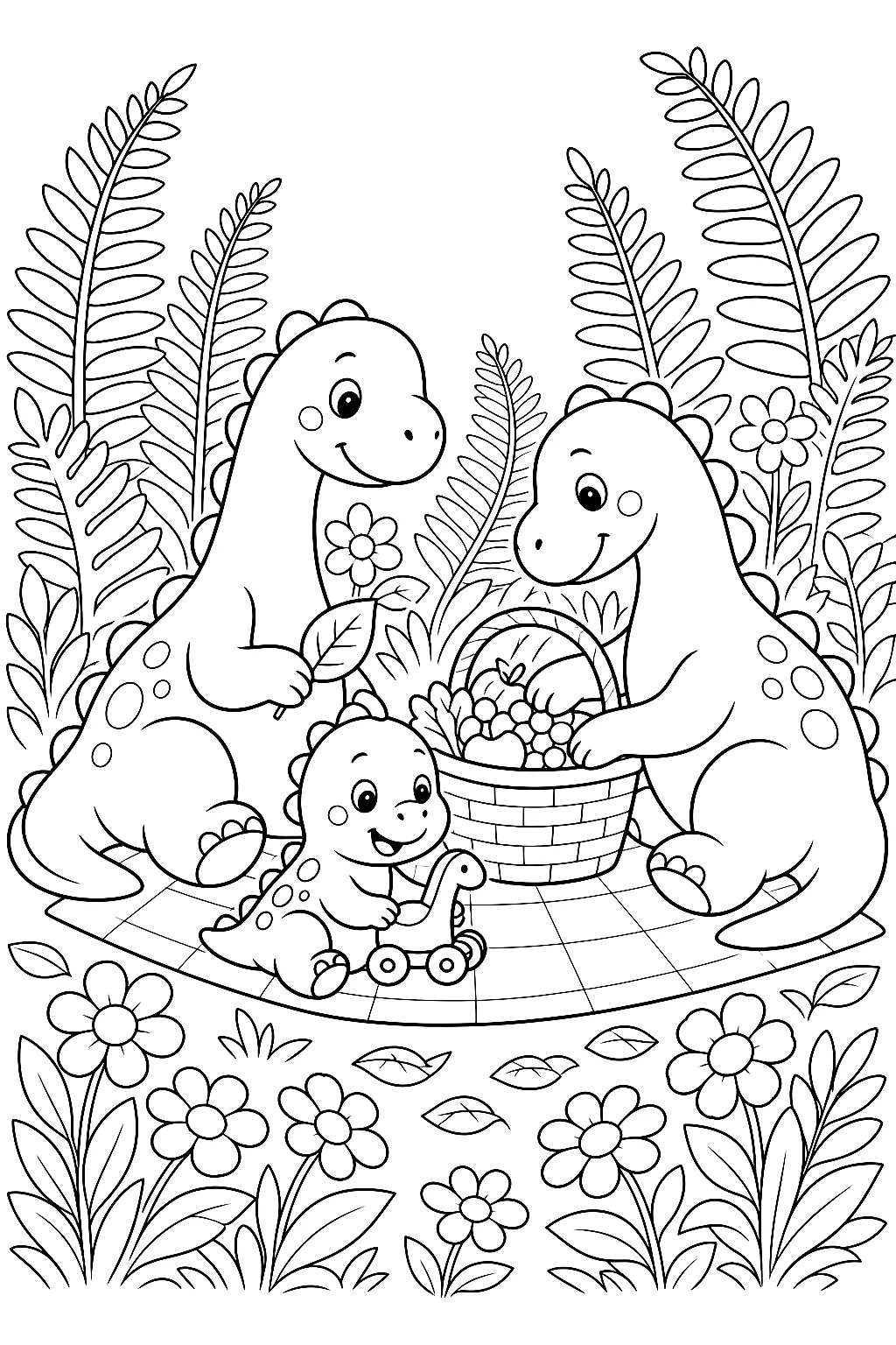Dino-Familie macht Picknick zwischen Farnen
