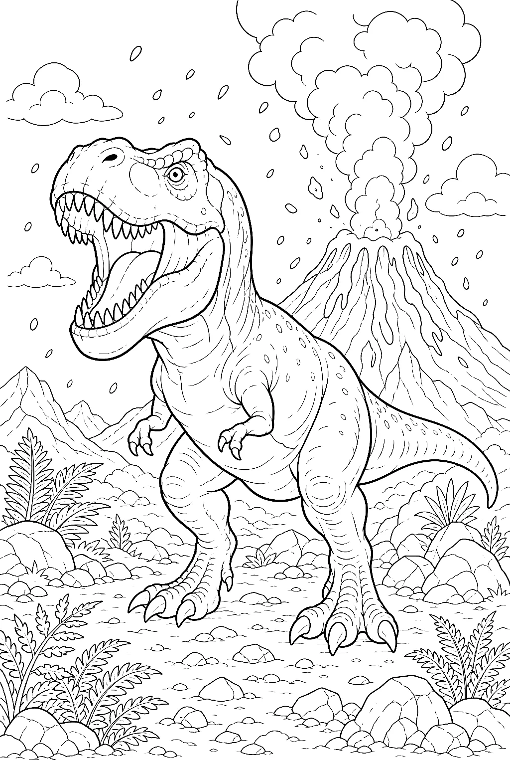 T-Rex brüllt am rauchenden Vulkan