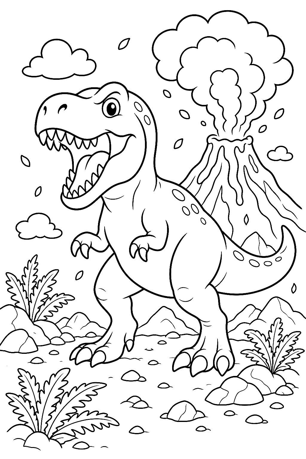Großer T-Rex brüllt vor Vulkan