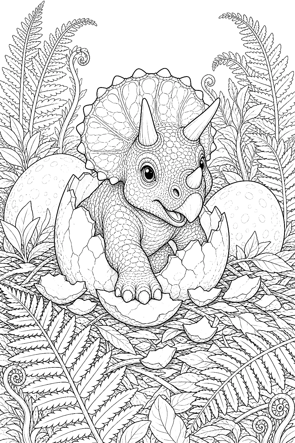 Neugeborenes Triceratops-Baby zwischen Eierschalen und Farnen